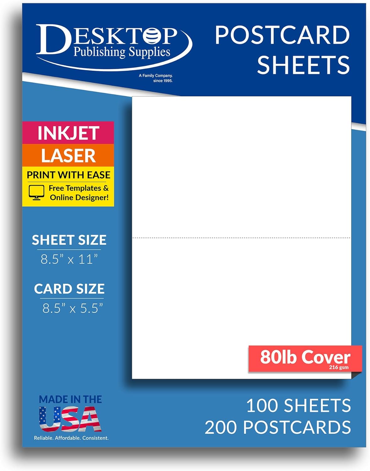 8.5" x 11" Blank White Perforated Cardstock Paper - 2 Per Sheet Breaks to 5.5" x 8.5" - Inkjet/Laser Printable - for Postcards, Flash Cards, Index Cards - 100 Sheets / 200 Cards