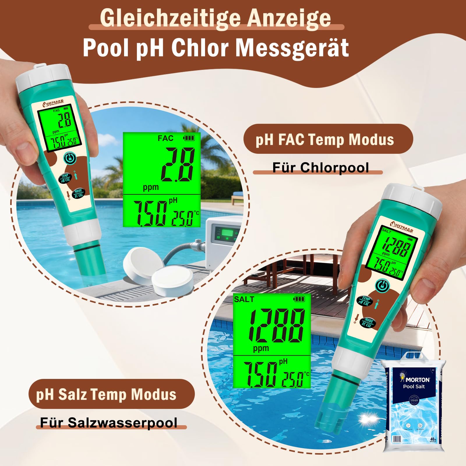 UIUZMAR Pool pH Chlor Salzgehalt Messgerät, Wasserstoff PPM ORP Messgerät für Trinkwasser, 8-in-1 Wassertester mit gleichzeitiger Anzeige von pH Salz Chlor H2 ORP EC TDS Temp für Hydrokultur, Spas
