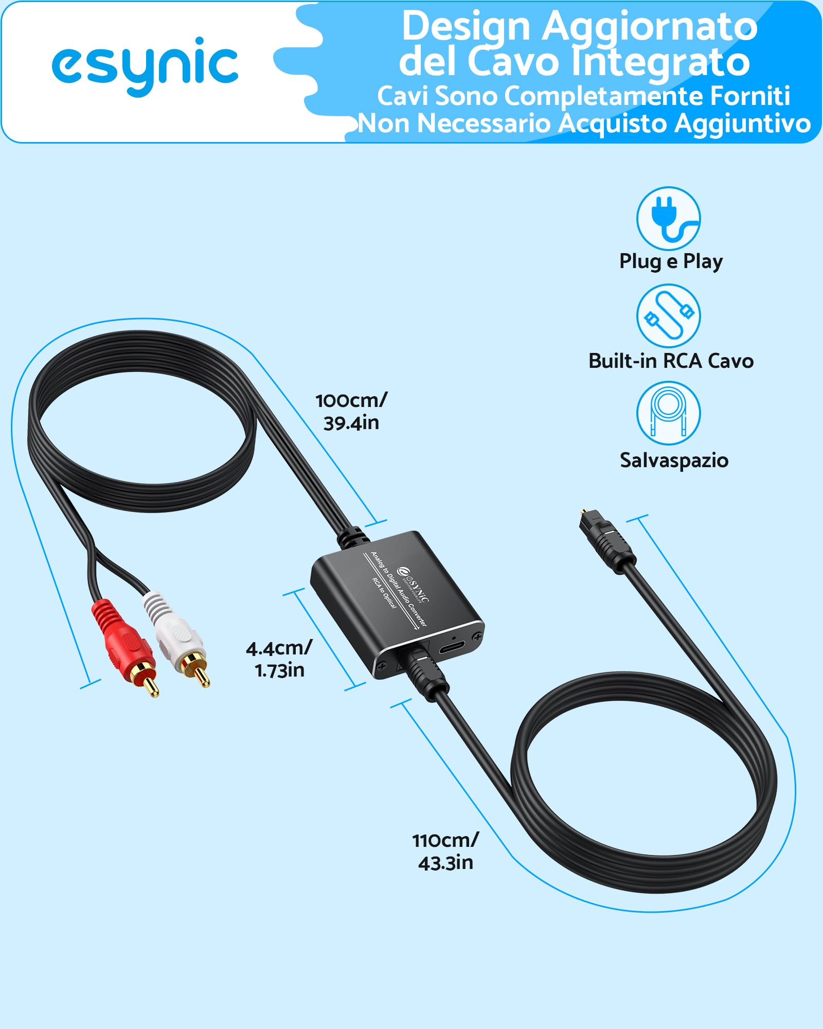 eSynic ADC Convertitore Audio RCA a Ottico in Lega Alluminio, Adattatore Analogico a Digitale con Cavo 2RCA 1.1m Integrato, Convertitore da L/R a SPDIF Toslink per Giradischi CD DVD a Soundbar
