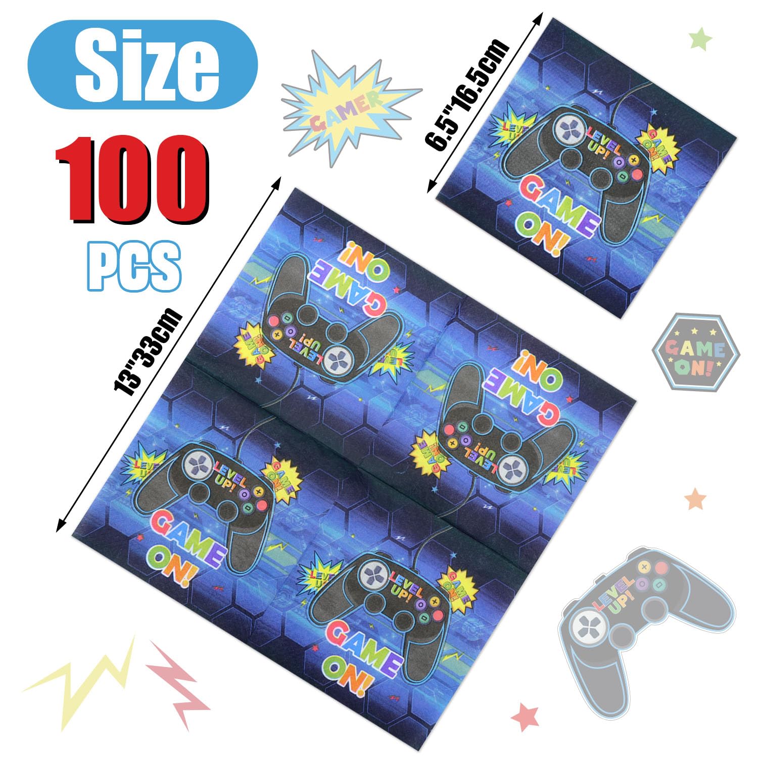 Video Game Party Decorations, 100 Pcs Video Game Napkins Blue Gaming Table Napkins Game On Lunch Napkins for Video Game Theme Party, Kids Birthday