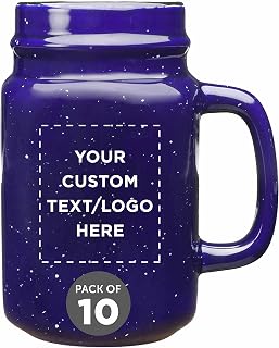 DISCOUNT PROMOS 10 Savannah Speckle Ceramic Mason Jars Set, 16 oz.- Customizable Text, Logo - Stoneware, C-handle, Durable - Cobalt Blue