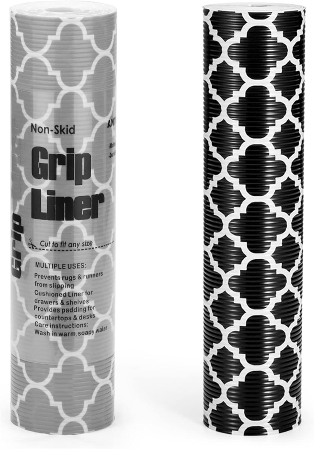 Glotoch 2 Rolls Shelf Liners for Kitchen Cabinets 12” x 20 ft. - Non Adhesive Cabinet and Drawer Liner, Double Sided Non-Slip Durable and Strong, Quatrefoil Black/Gray