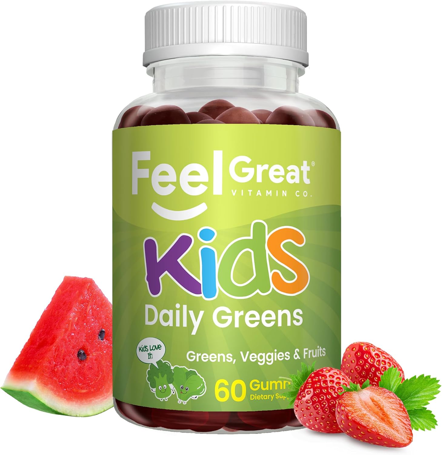 Feel Great Super Green Gummies for Kids (2 Pack) | Fruit and Vegetable Gummies | Vegan Veggie Gummy Multivitamin for Kids | Veggie Fiber Supplement | 60 Count