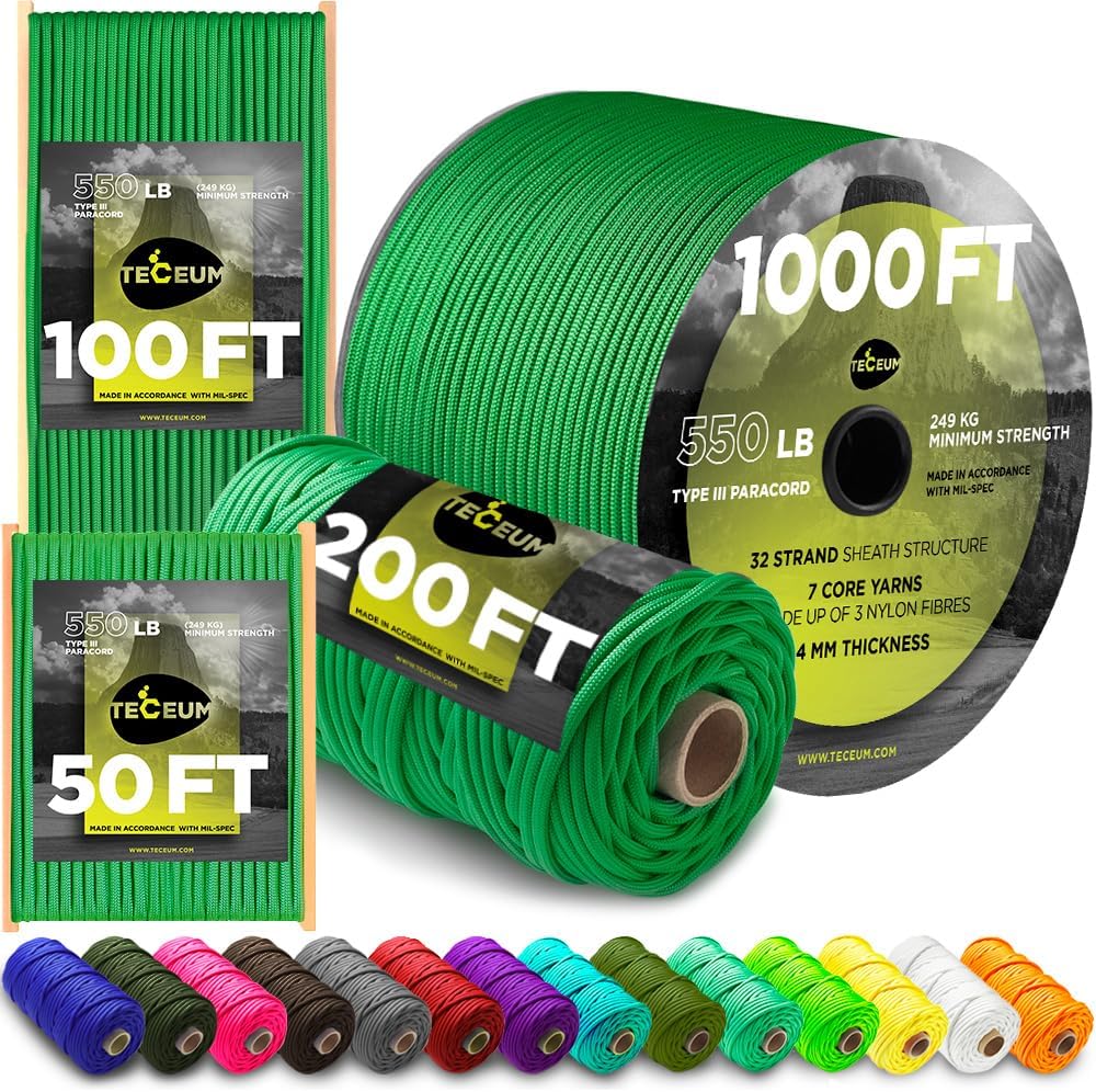 TECEUM 5/32" Paracord Rope 1000 – 1000ft / 200ft / 100ft / 50ft – Tactical Parachute Cord 4mm – 45+ Colors – Nylon String for Survival & Camping Gear – Stripe Cord for Survival – Utility Rope