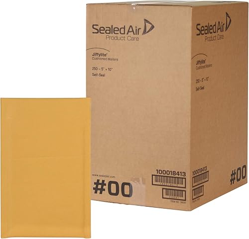 Sealed Air Jiffylite - Sobre de burbujas autosellante, #00, cojín de celda de aire de burbujas de barrera, cierre autoadhesivo, 5 x 10, kraft