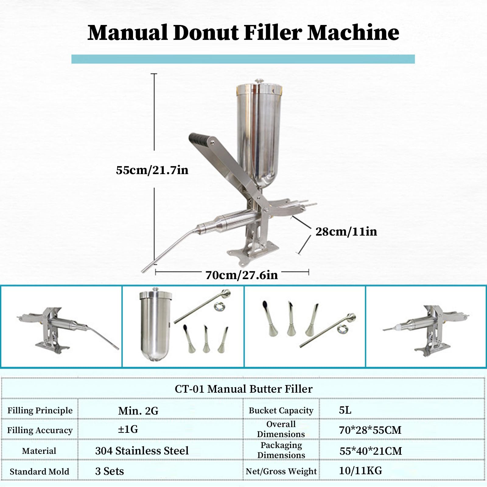 Inyector de Caramelo de Acero Inoxidable, Rellenadora Profesional de Crema, Rellenadora de Acero Inoxidable con 4 Boquillas para el Hogar y Panaderías CT-01