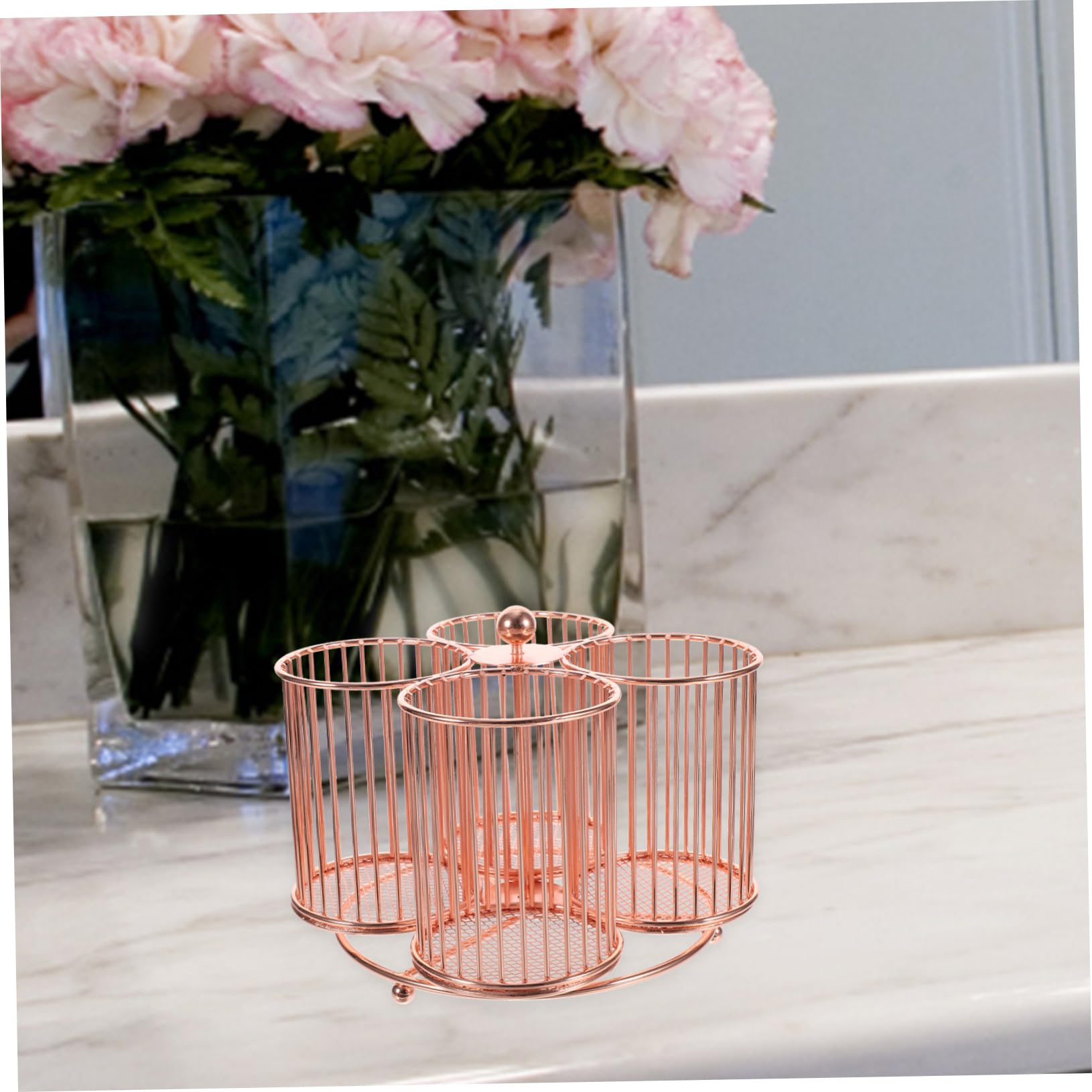 Rotary Pen Holder in Ferro, Organizer Rotante a Quattro Tubi per Scrivania | Cancelleria Ufficio, Accessori Make Up, Capienza Grande, Finitura Perlata, Uso Versatile