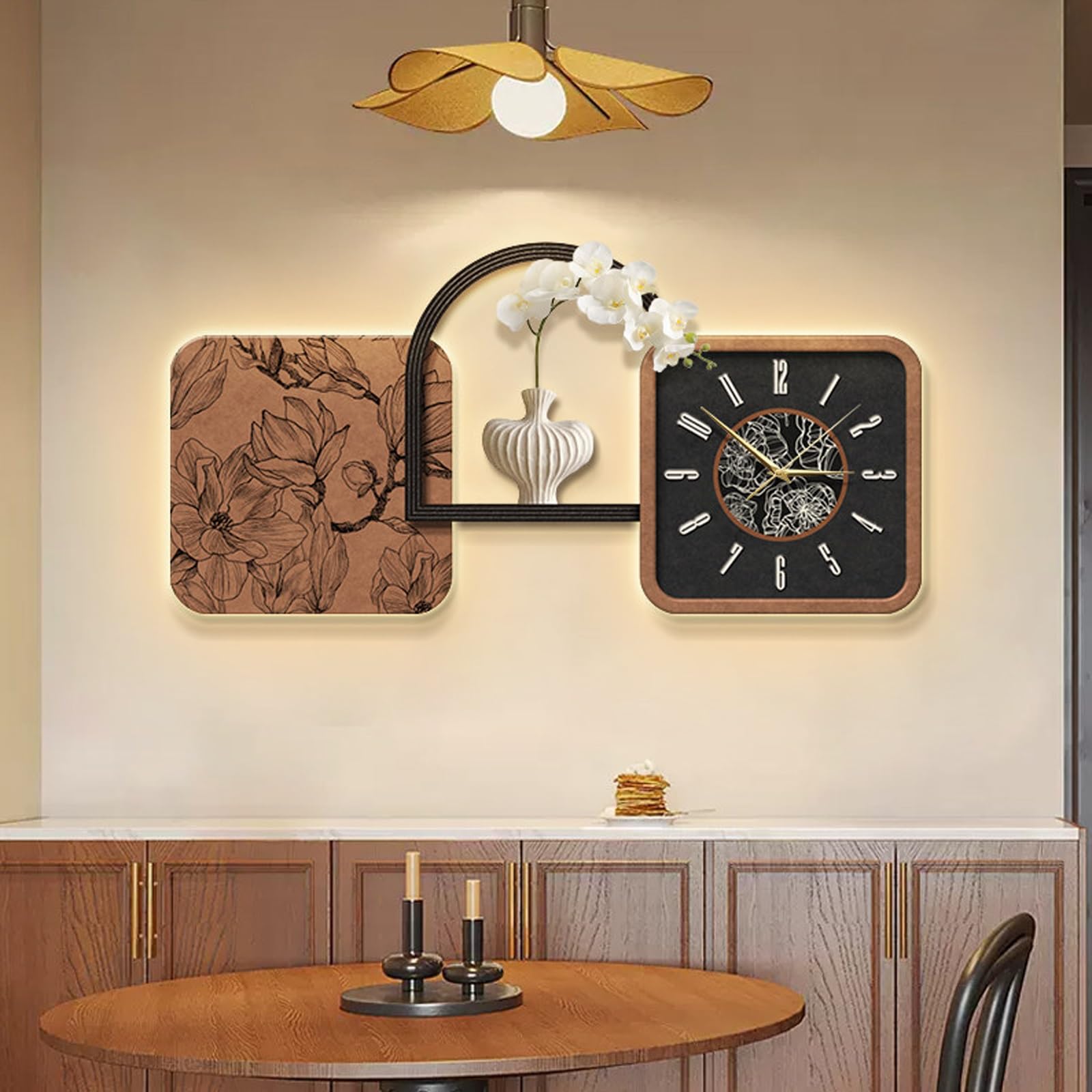 ITOSUI Decorative Creative Wall Clock with LED Light,Multifunctional 3D Wall Hanging Painting Modern Art with Glass Vase,Silent Non Ticking,for Living Room Bedroom Dining Room(Brown A,23.6 * 11.8")