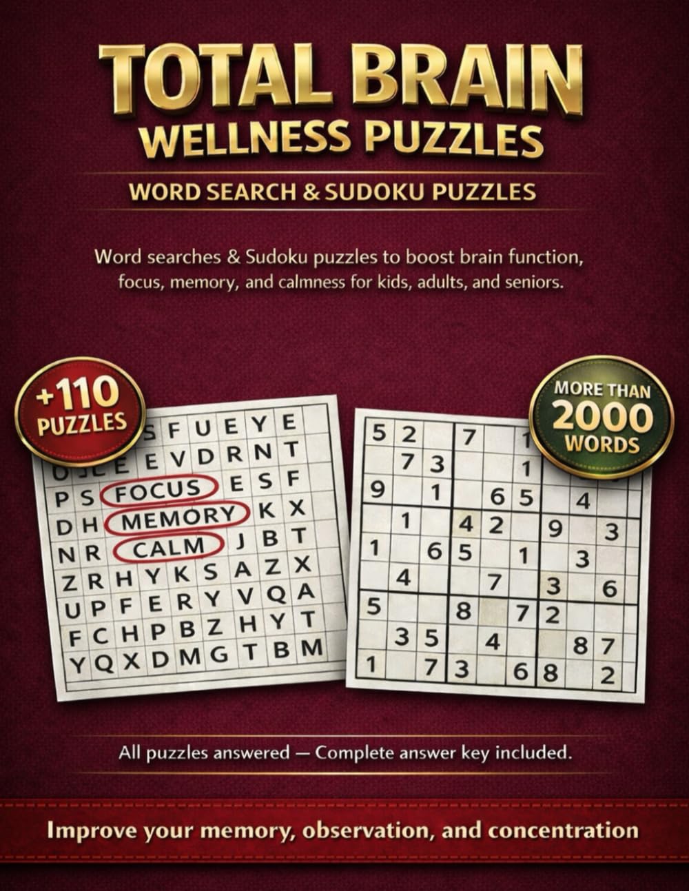 Total Brain Wellness Puzzles: Word searches & Sudoku puzzles to boost brain function, focus, memory, and calmness for kids, adults, and seniors.