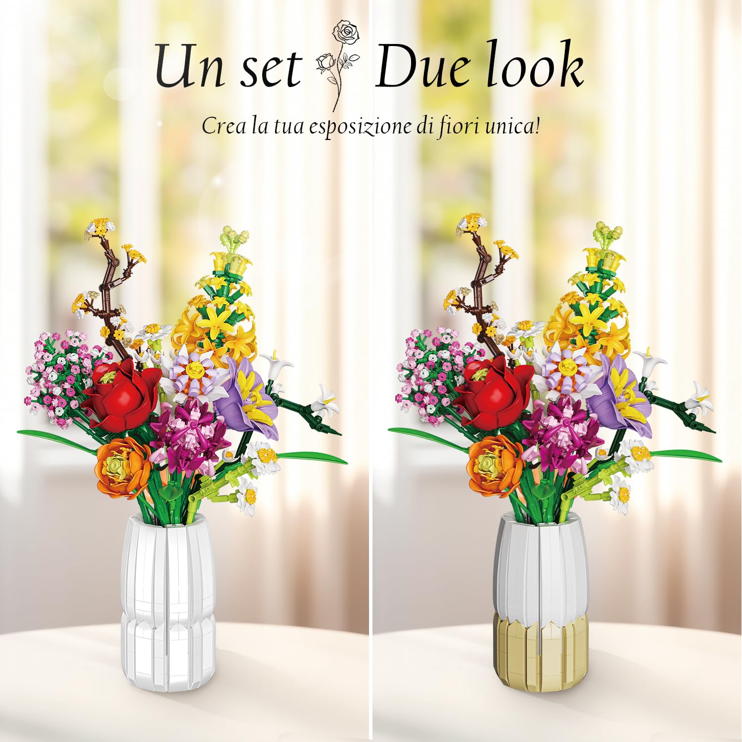 Set di Costruzione di Bouquet di Fiori con Vaso 2 in 1, Set di Bouquet di Fiori Artificiali per Adulti e Donne, Compatibile con Lego la Collezione Botanical di Bouquet di Fiori, 1458 Pezzi