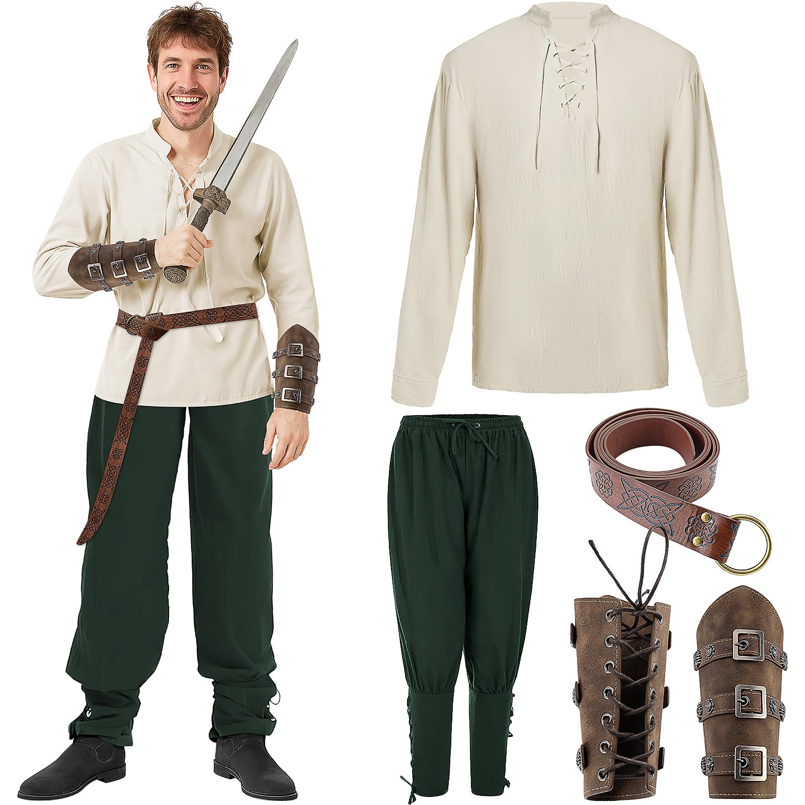4 Pcs Men's Renaissance Costume Halloween Medieval Pirate Shirt Pants Viking Ankle Banded Belt Accessories