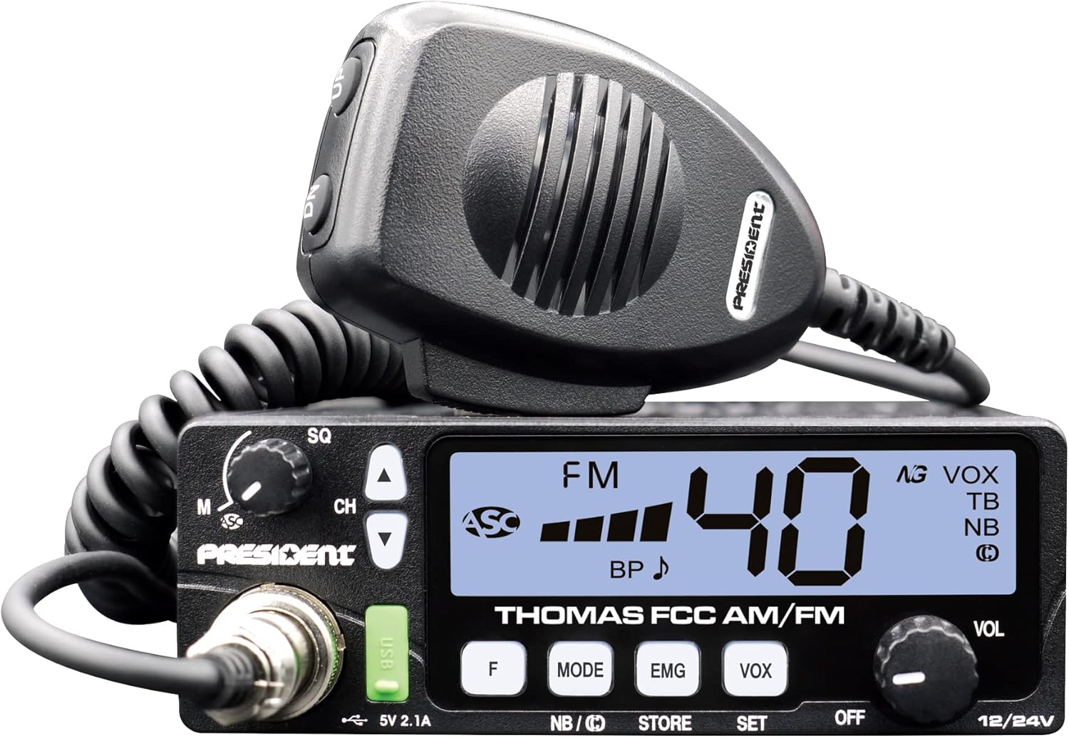 President Electronics THOMAS FCC 40-channel AM/FM Radio, Black; 12/24 V, Up/down Channel Selector, Volume Adjustment, Manual Squelch and ASC, Multi-functions LCD Display, Mode Switch AM / FM : Electronics