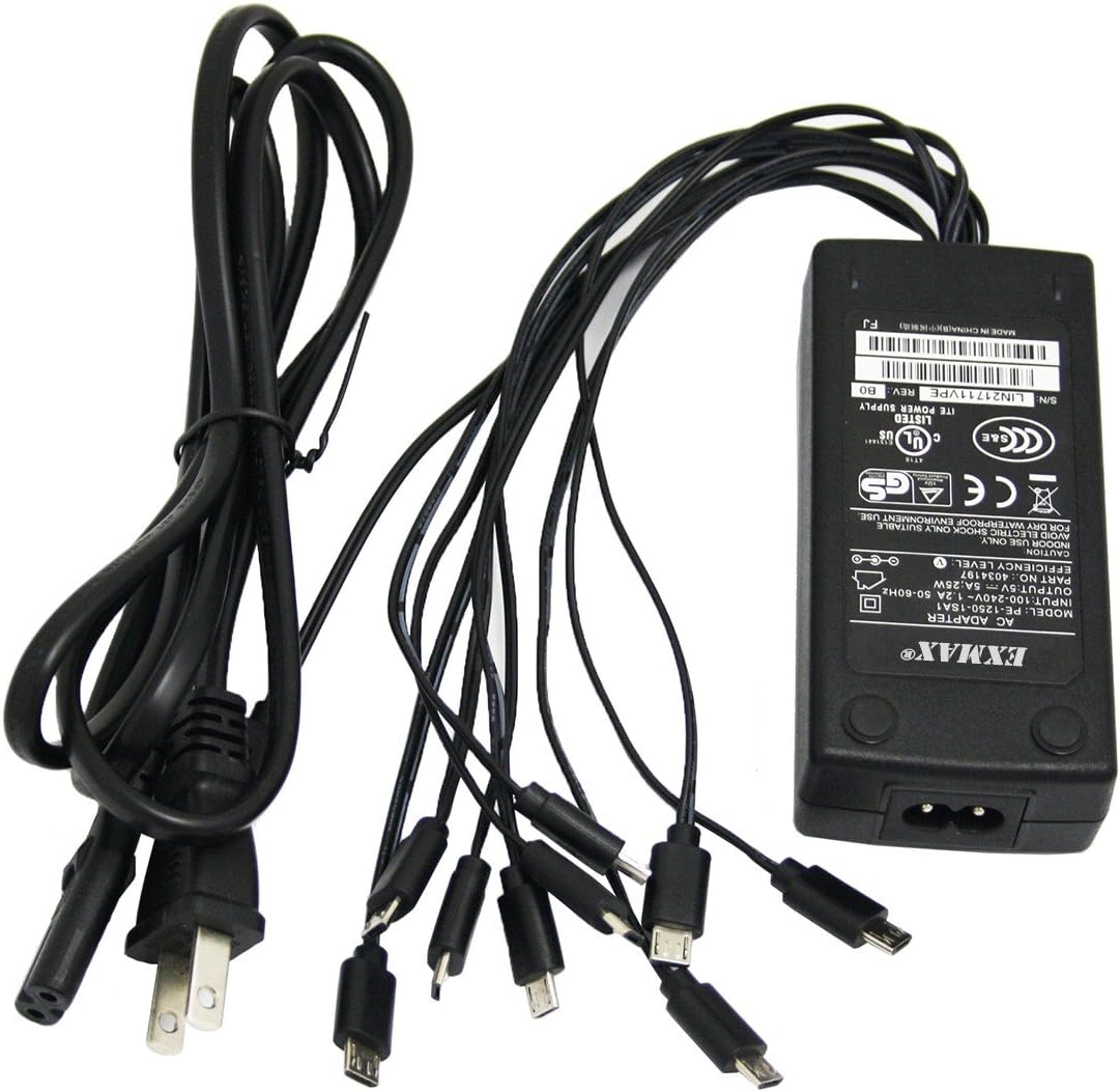 EXMAX 10-ports Micro USB Charger 1 M Cable for Wireless Tour Guide System(ELGT-470) Transmitter or Receiver,Power Small Devices And Electronics That Use Micro USB 2.0 Jack(10-ports Charger)