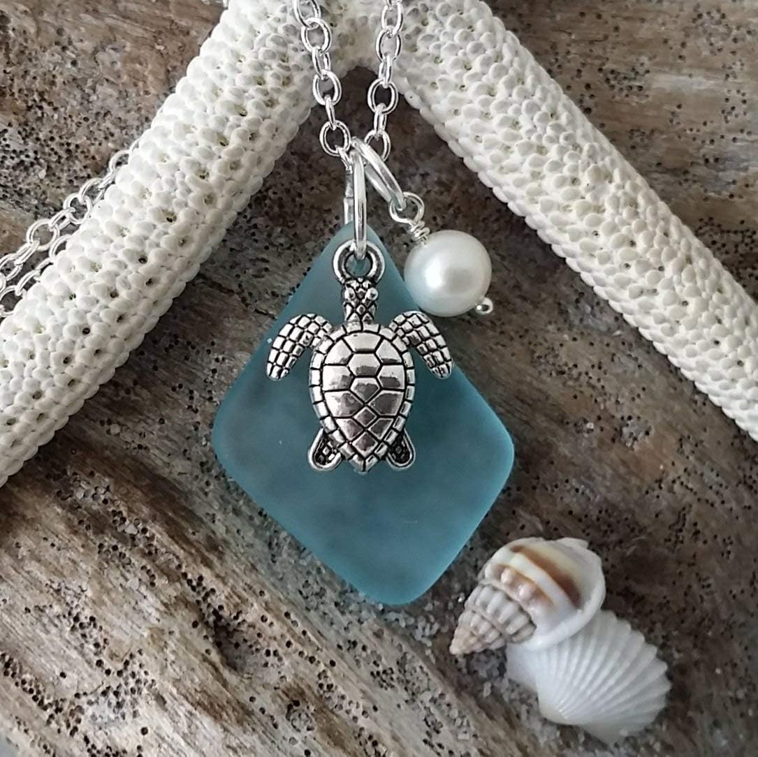 yinahawaii Handmade blue sea glass necklace,turtle charm, Natural pearl, gift box,beach glass necklace,sea glass jewelry, blue beach jewelry.