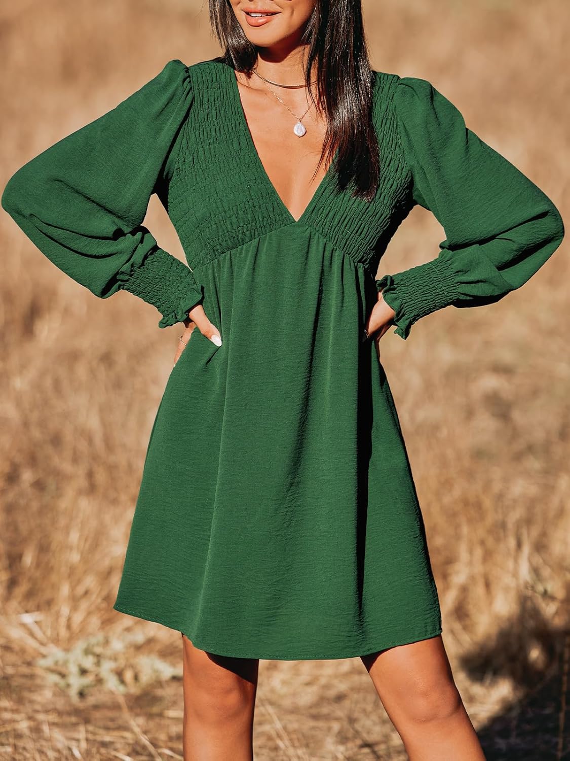 CUPSHE Women's Mini Dress Smocked V Neck Long Sleeve Empire Waist Casual A Line Dress - Image 5