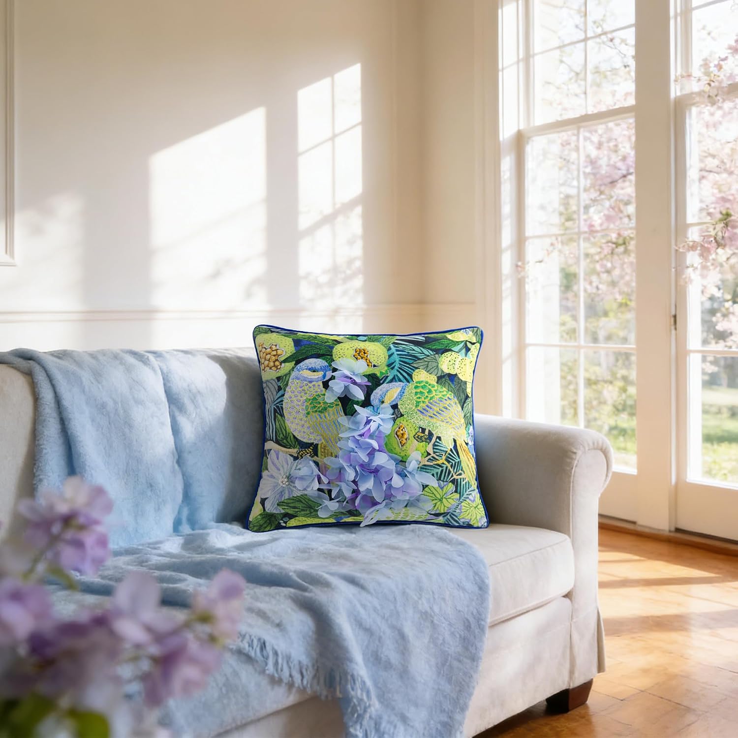 KINGROSE Green Parrot Throw Pillow Cover Vintage Flower Cushion Cover Square Home Decorative Pillow Case for Spring Sofa Couch Bed Living Room 18 X 18 Inches