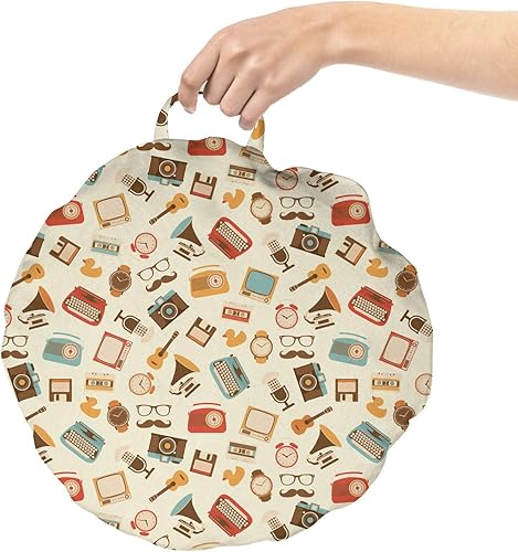 Miniatura 2 de Ambesonne Cojín redondo vintage para suelo con asa, diseño retro de estilo antiguo, reloj despertador, máquina de escribir, gramófono, radio,
