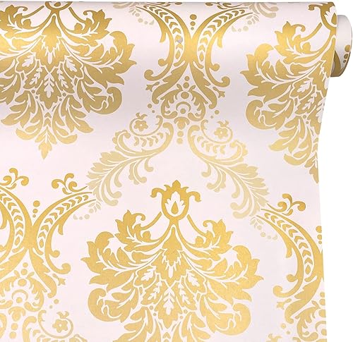 Rollo de papel tapiz de 14.7 pies de papel pintado de damasco dorado, revestimiento autoadhesivo para cajones de 17.7 x 177 pulgadas, cubierta de