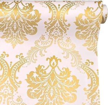 LovingWay 14.7 feet Wallpaper Roll Gold Damask Shelf Liner Self-Adhesive 17.7x177 Inch Drawer Covering PVC Paper Upgrade Old Furnitures Looking