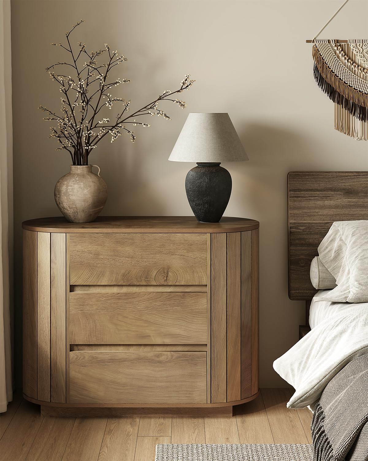 LITTLE TREE Large Nightstand, Oversized Night Stand with Drawers, Slatted Side Design Wood Nightstand, 35" Wide End Tables, Modern Dresser with 3 Drawers for Bedroom,Entryway, Oak