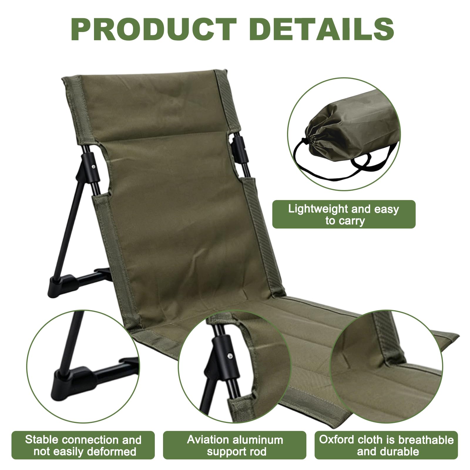 Sedia da spiaggia con schienale, cuscino pieghevole, per esterni, stadio, portatile, per meditazione, spiaggia, pieghevole, per picnic, giardino (verde)