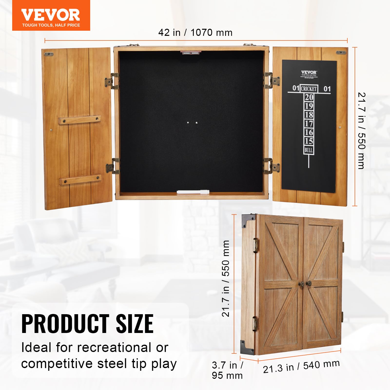 VEVOR Gabinete para Dardos de Madera Maciza, Tamaño Oficial con Accesorios, Fácil de Ensamblar, Juegos de Cricket (Tablero de Dardos no Incluido), Fácil de Limpiar