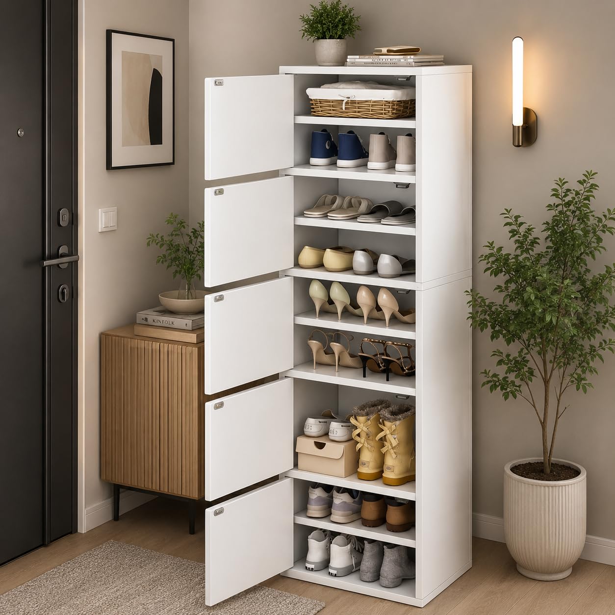 Mevigo-Wooden Shoe Rack with 5-Door - Tall Shoe Cabinet with Doors, 9-Tier Freestanding Shoe Storage Organizer for Entryway, Engineered Wood Shoe Stand Cabinet, Space-Saving Narrow Shoe Rack Wooden
