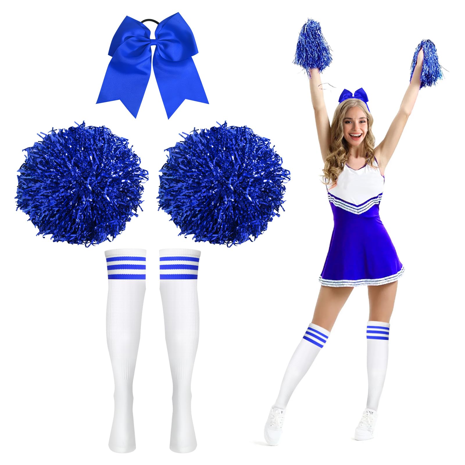 Pompons Pom-pom Girl, 2 Pièces Pompom Girl Pompom Poms avec Chaussettes et Gomme pour Cheerleading, Pompom Girls avec Poignées, Poms Cheer Poms pour Cheerleading et Gymnastique (Bleu)