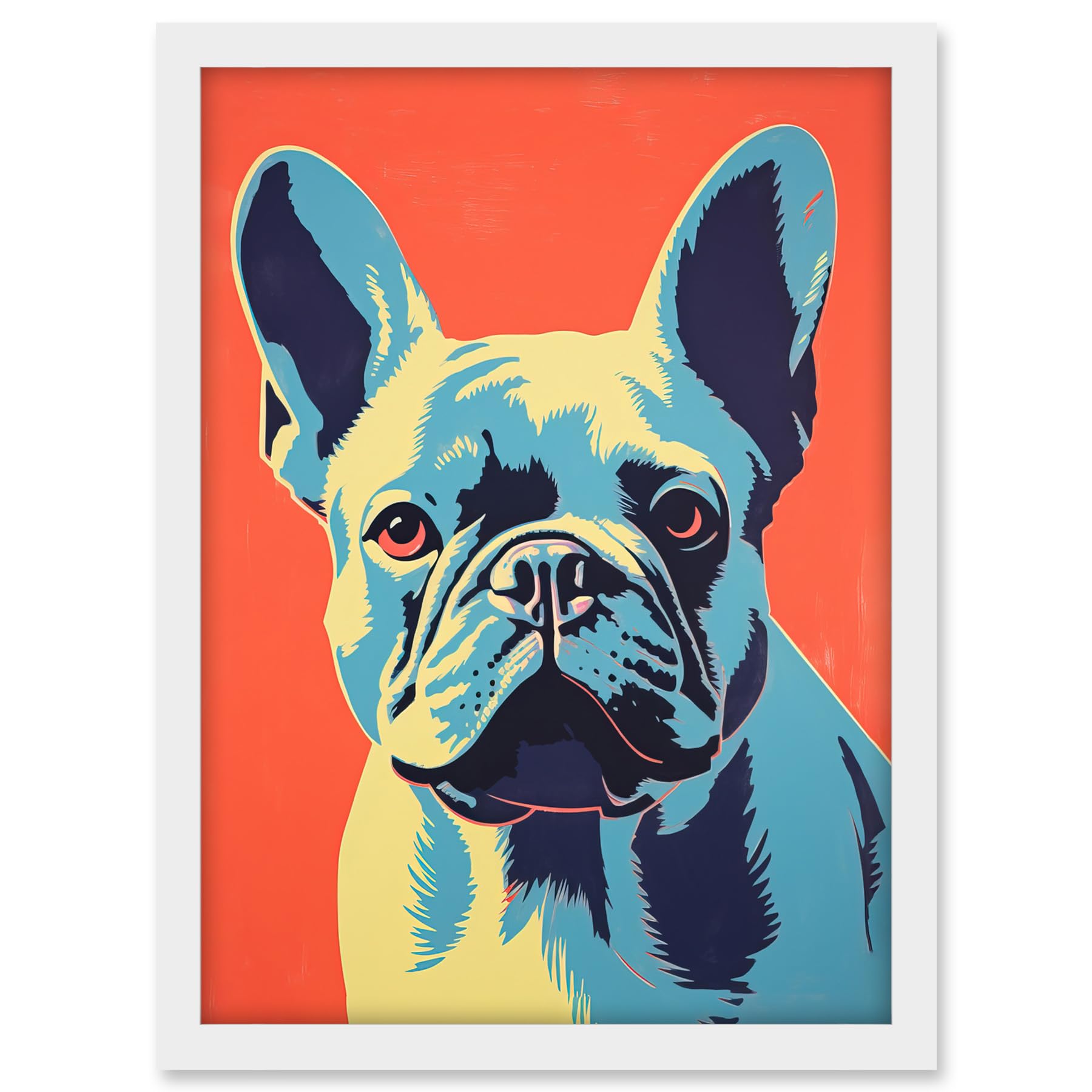Artery8 French Bulldog Colour Block Artwork Coral Orange Blue Vibrant Pet Portrait Cute Artwork Framed A3 Wall Art Print