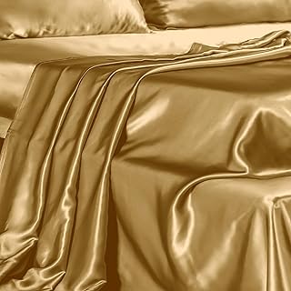 THXSILK 1 Pc Silk Flat Sheet, 22 Momme Silk Bed Sheet, Ultra Soft Pure Mulberry Silk Bedding-, Machine Washable, Durable- Queen Size, Metallic Gold