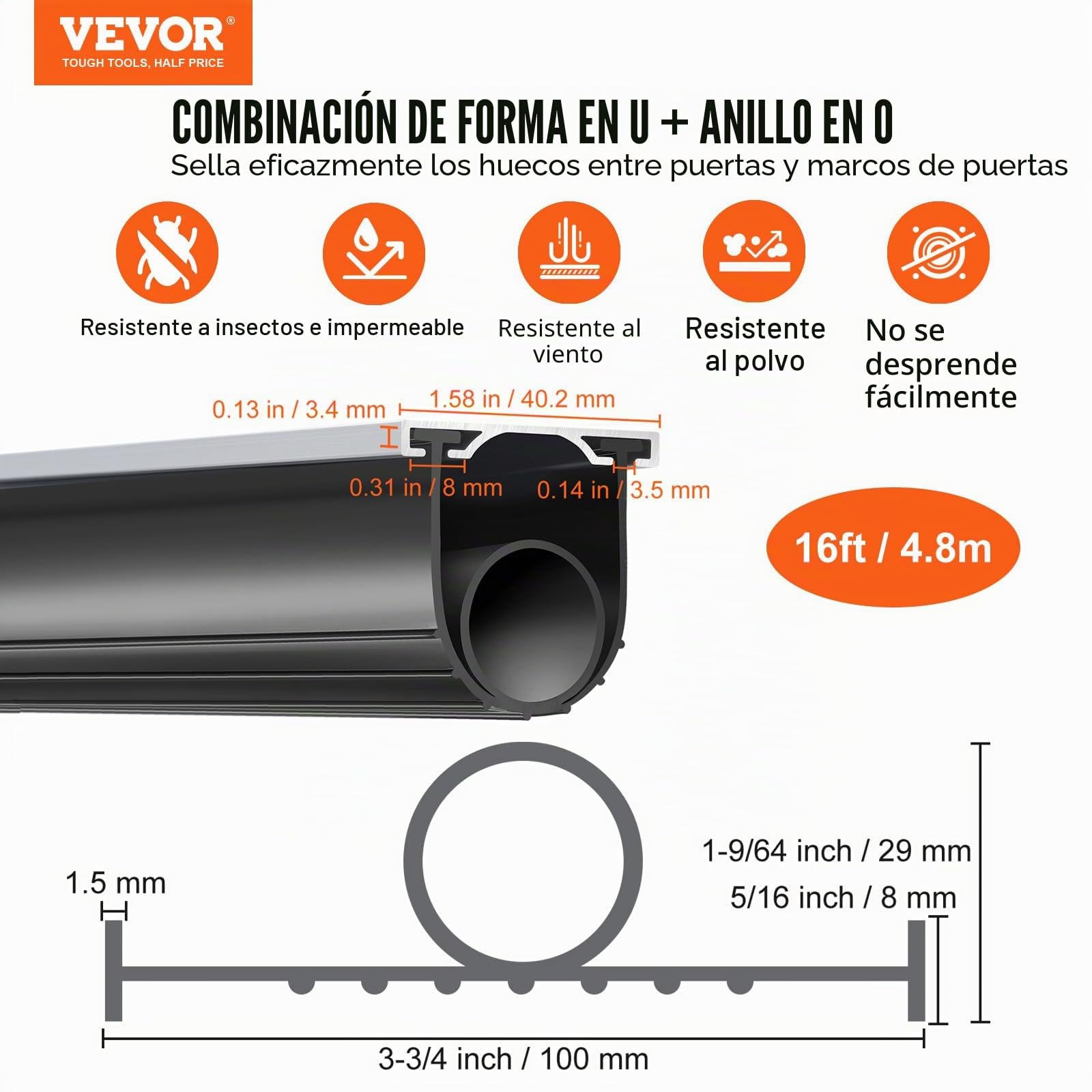 VEVOR Sello para Puerta de Garaje 4,8 m Junta de Sellado de Goma Ancho de 10 cm Extremo en T para Evitar Penetración del Viento, Lluvia, Lámina, Puerta Seccional y Basculante, Almacén de Fábrica