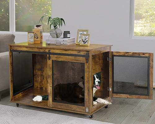 Miniatura 2 de LINLUX Muebles grandes de jaula para perros de 47 pulgadas, perrera de madera resistente XL para interiores, mesa decorativa para perros grandes,