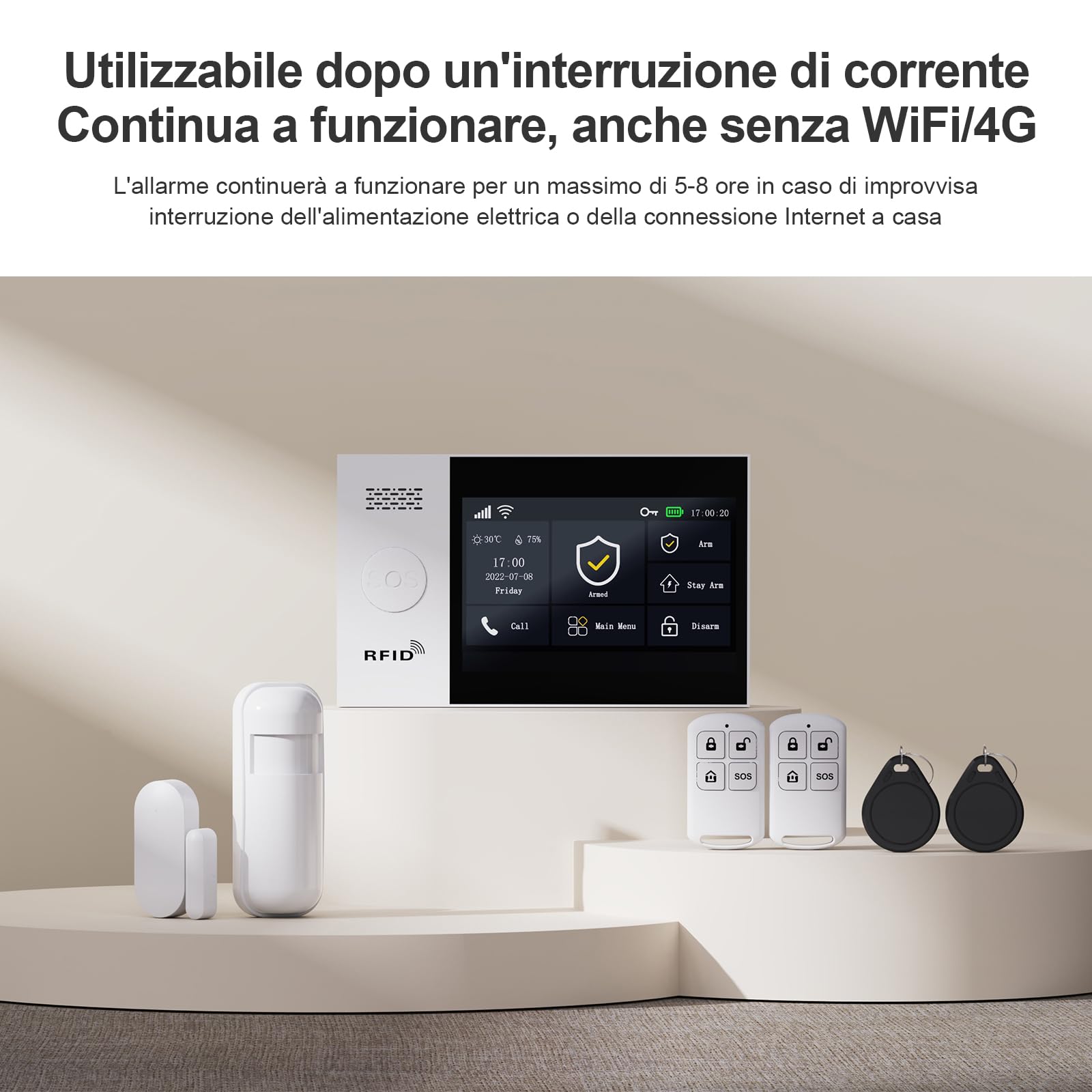 Sistema di allarme touch screen per la sicurezza di tutta la casa, kit di allarme domestico wireless Wi-Fi da 20 pezzi con sirena, sensore di movimento PIR, telecomandi, sensore per finestre/porte