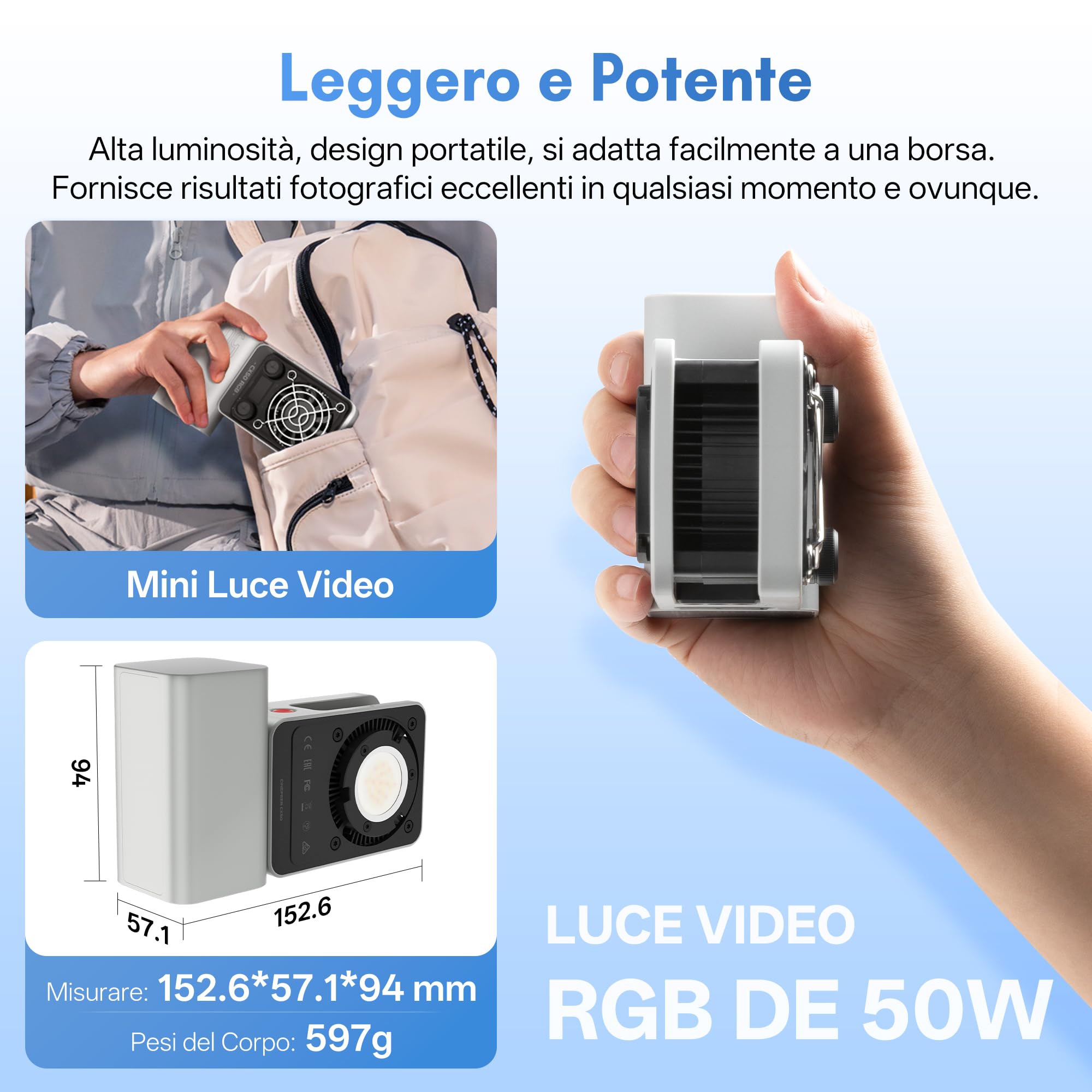 ZHIYUN CINEPEER CX50 RGB [Ufficiale] 50W Luce Fotografica Portatile con 4500mAh Batteria, Ricarica Rapida Type-C PD, Luce Video Led RGB con Controllo APP, 2700-6500K/CRI≈95/TLCI≈96/18 Effetti