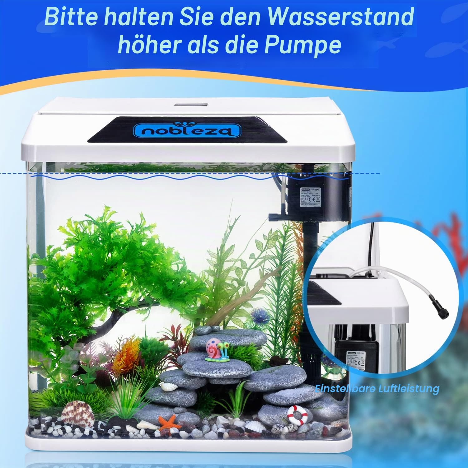 Nobleza Glas 30L Mini Aquarium Komplettset mit LED-Beleuchtung und Filtersystem, Weiß