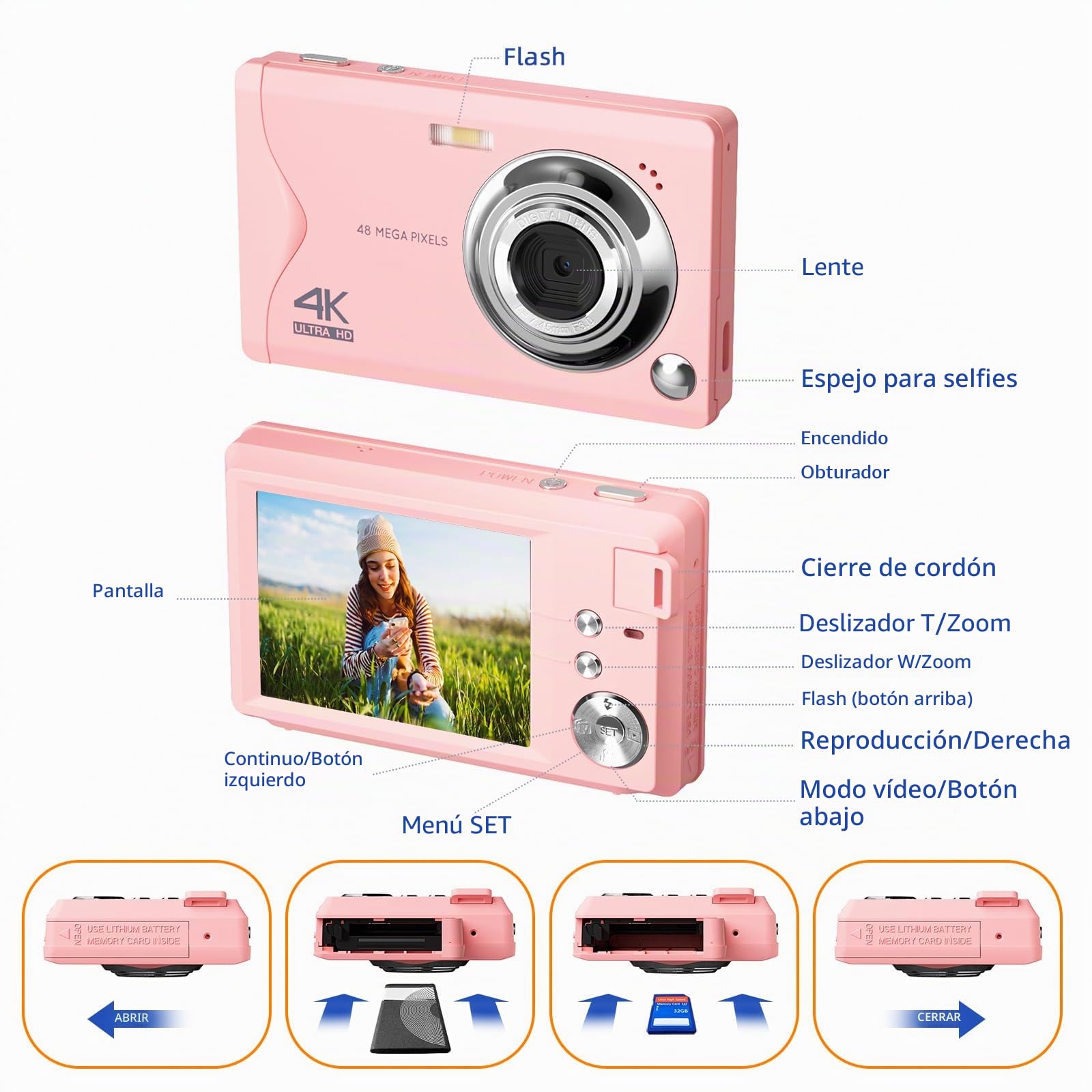 Cámara Digital CCN, 48MP 1080P FHD Cámara de Fotos con Pantalla de 3.0 Pulgadas, 16X Zoom Digital Cámara Compacta Portátil con 32GB Tarjeta TF, Cable USB, para Adolescentes Niños Adultos, Rosa