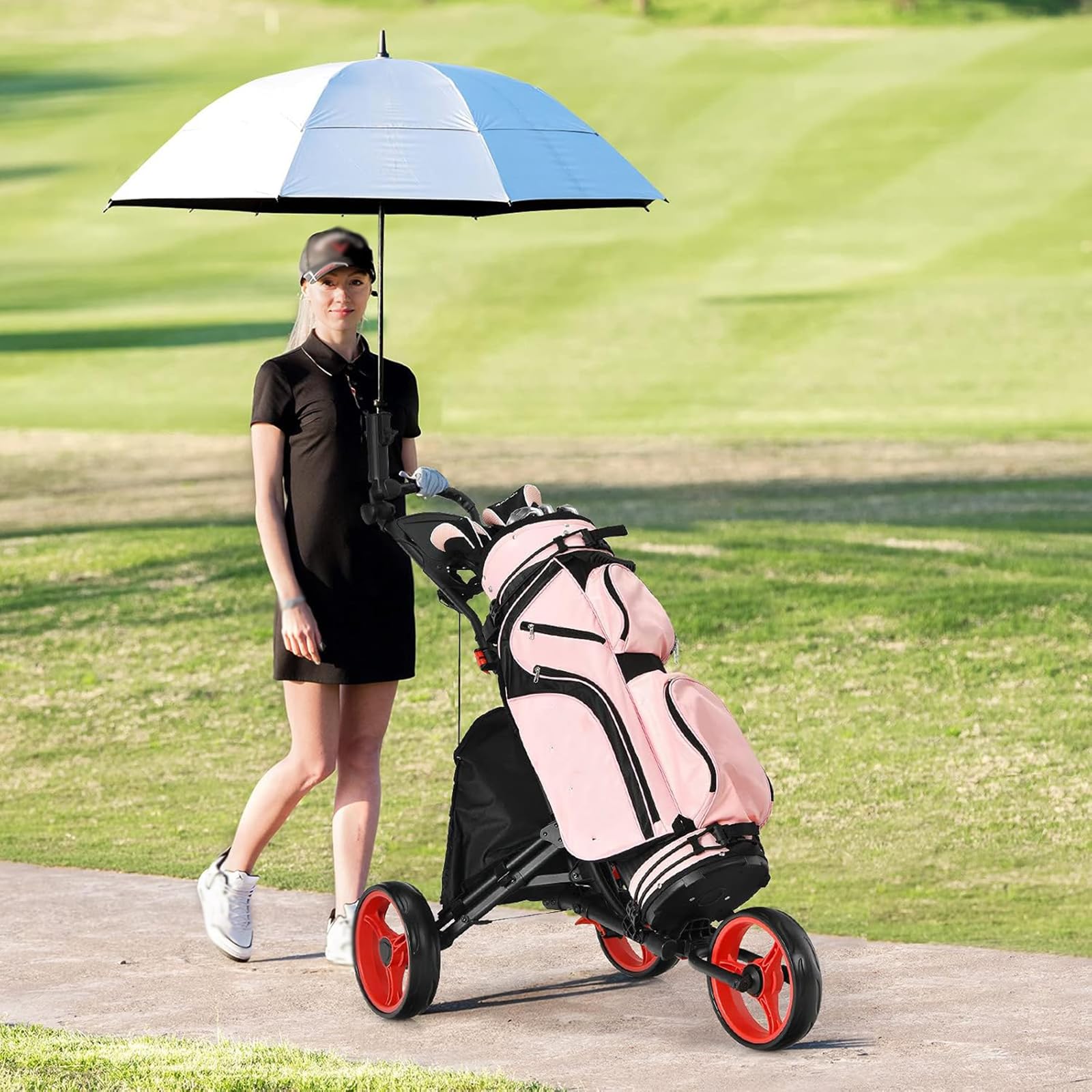 Carrito Golf 4ruedas,Carrito Golf Plegable Y Liviano con Bolsa Almacenamiento,Freno Pie,Soporte para Paraguas Extraíble Y Marcador,Clip Tamaño Bolsa Pelota Ajustable,Empujar Y Jalar Fácilmente