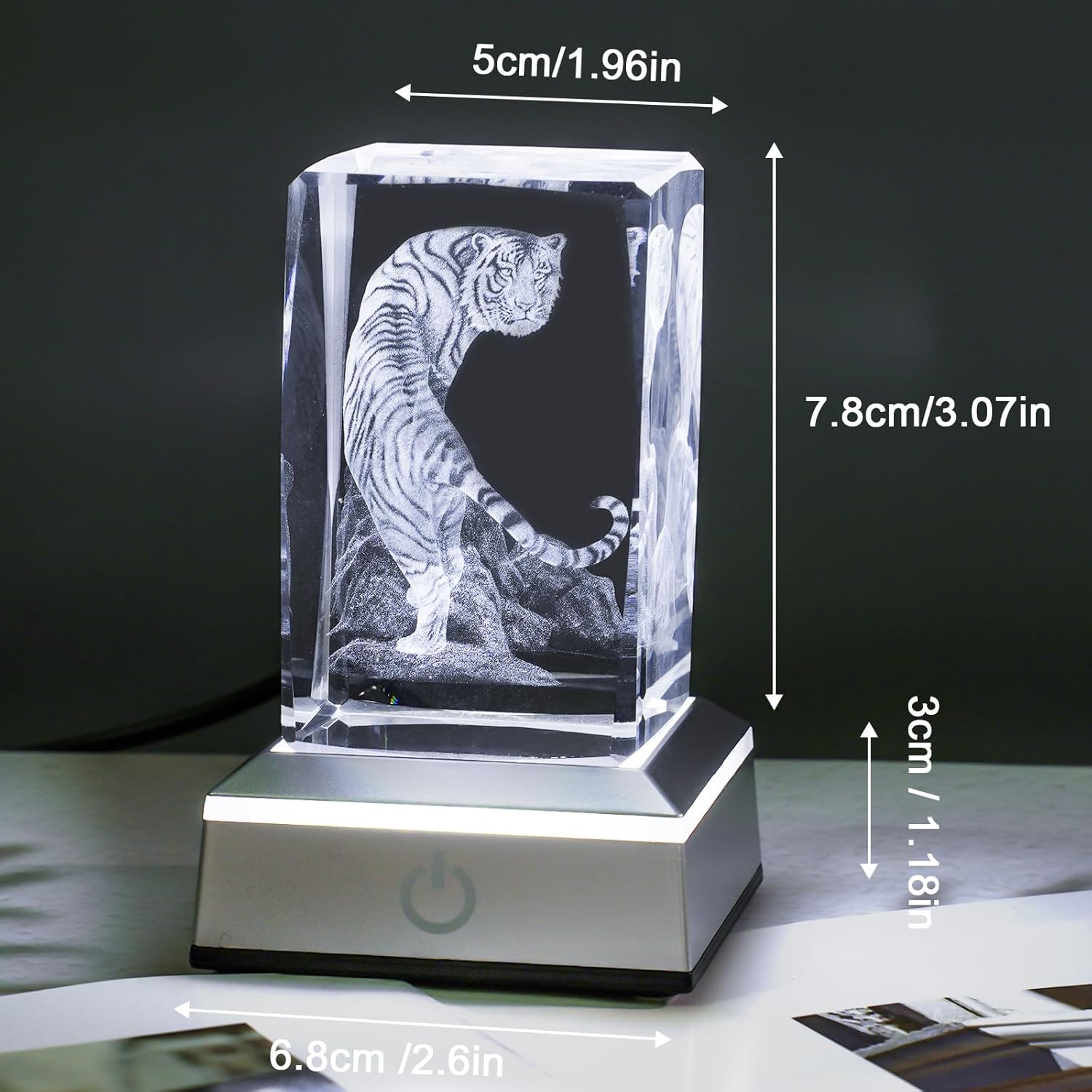 3D Tiger Crystal Night Light with Multicolor LED Base Glass Laser Engraved White Tiger Lamp Figurines Gifts for Boys Girls Lovers Birthday Christmas Room Decor