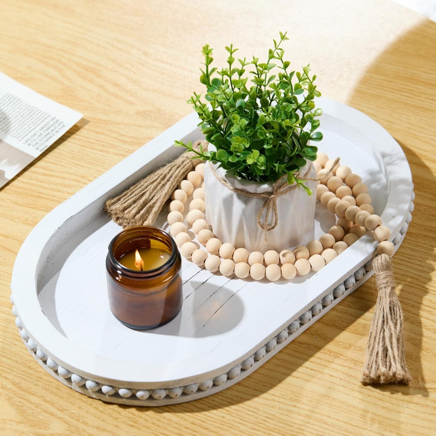 Wood Decorative Tray for Coffee Table Centerpiece - Bead Oval Wooden Serving Tray for Farmhouse Home Decor, Rustic Living Room Table Decor for Bathroom Vanity or Kitchen Counter - White