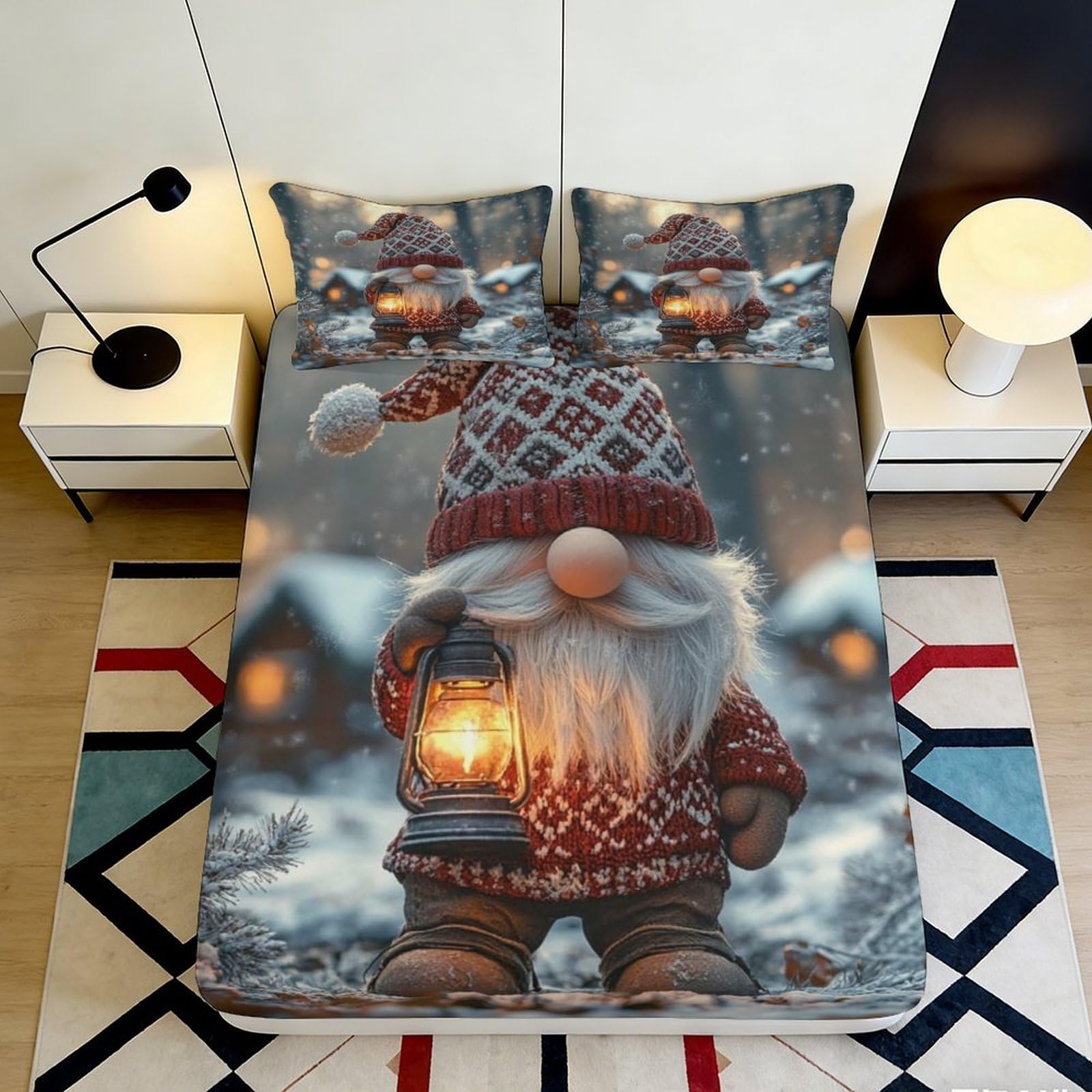 3D Printed Nordic Gnome Fitted Sheet Microfiber Deep Pocket Non-Slip Bedding Nordic Gnome Mattress Fitted Cover for Adults 90x200x25cm