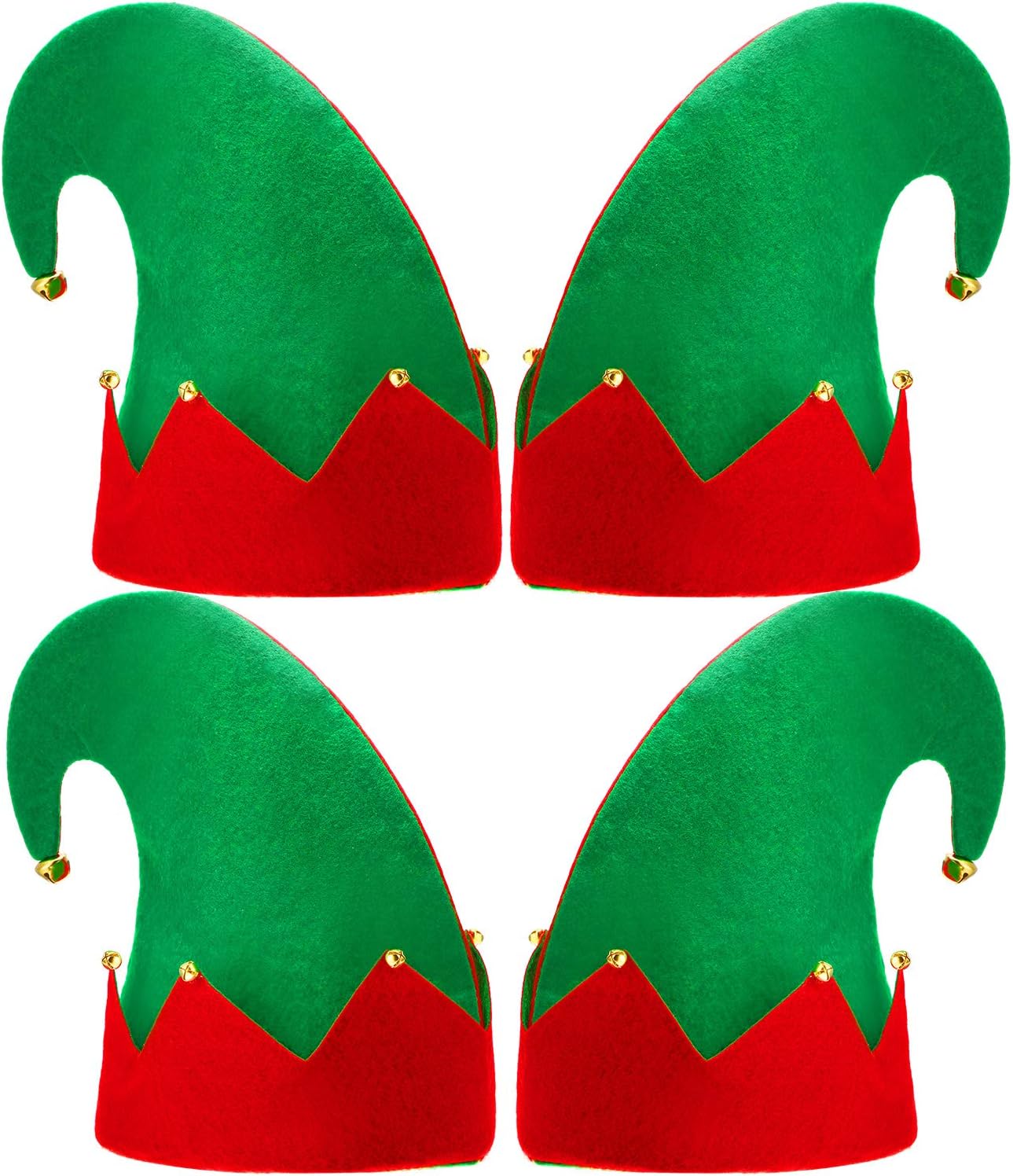 SATINIOR 4 Packs Christmas Elf Hat With Jingle Bells - Felt Costume Hat for Santa's Helpers - Xmas Party Accessories