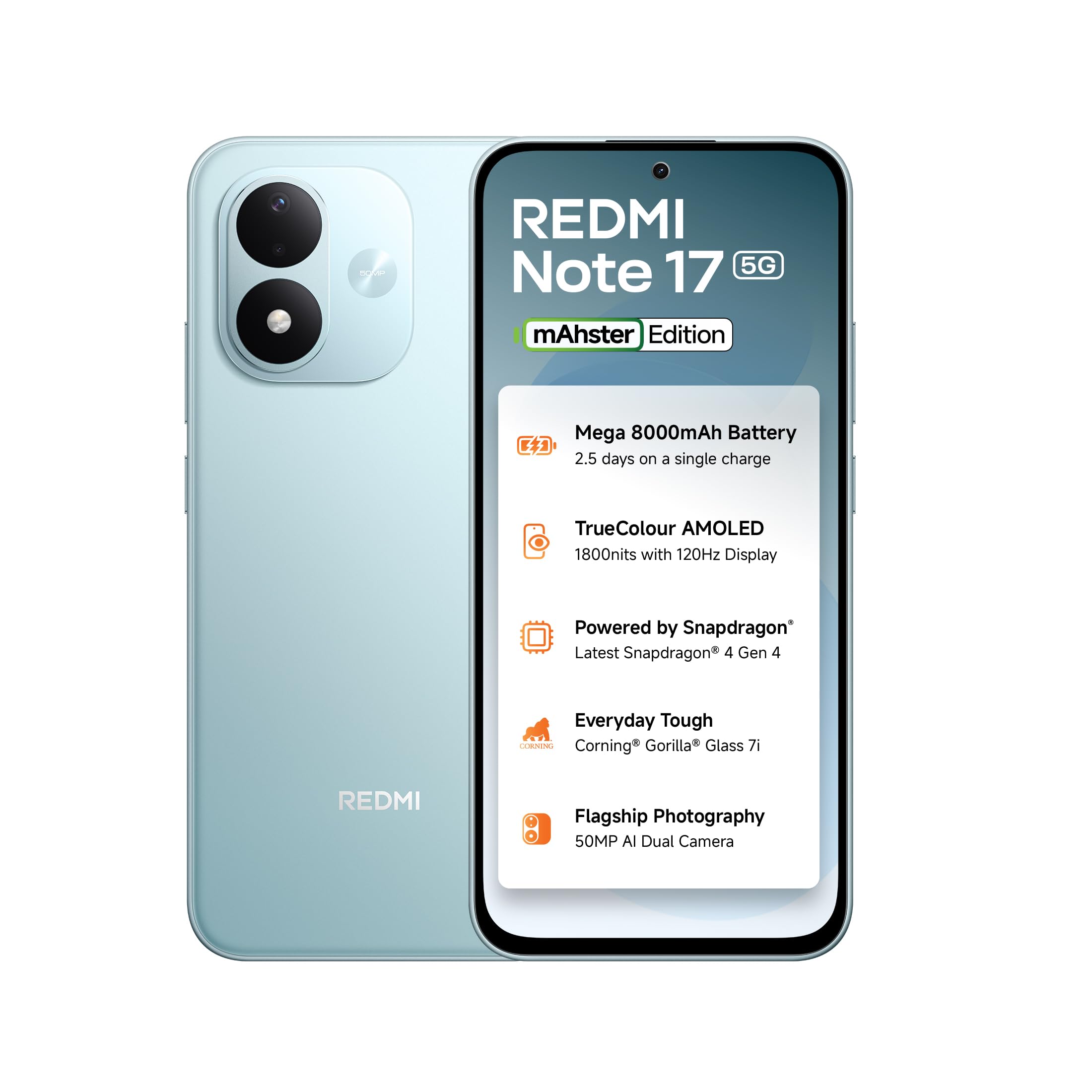 REDMI Note 17 5G (Arctic Blue, 8GB RAM, 128GB ROM) | 8000mAh Battery + 45W Fast Charging* | 6.99" 120Hz TrueColour AMOLED | Snapdragon 4 Gen 4 | 50MP Dual AI Camera | Corning® Gorilla® Glass 7i | IP65