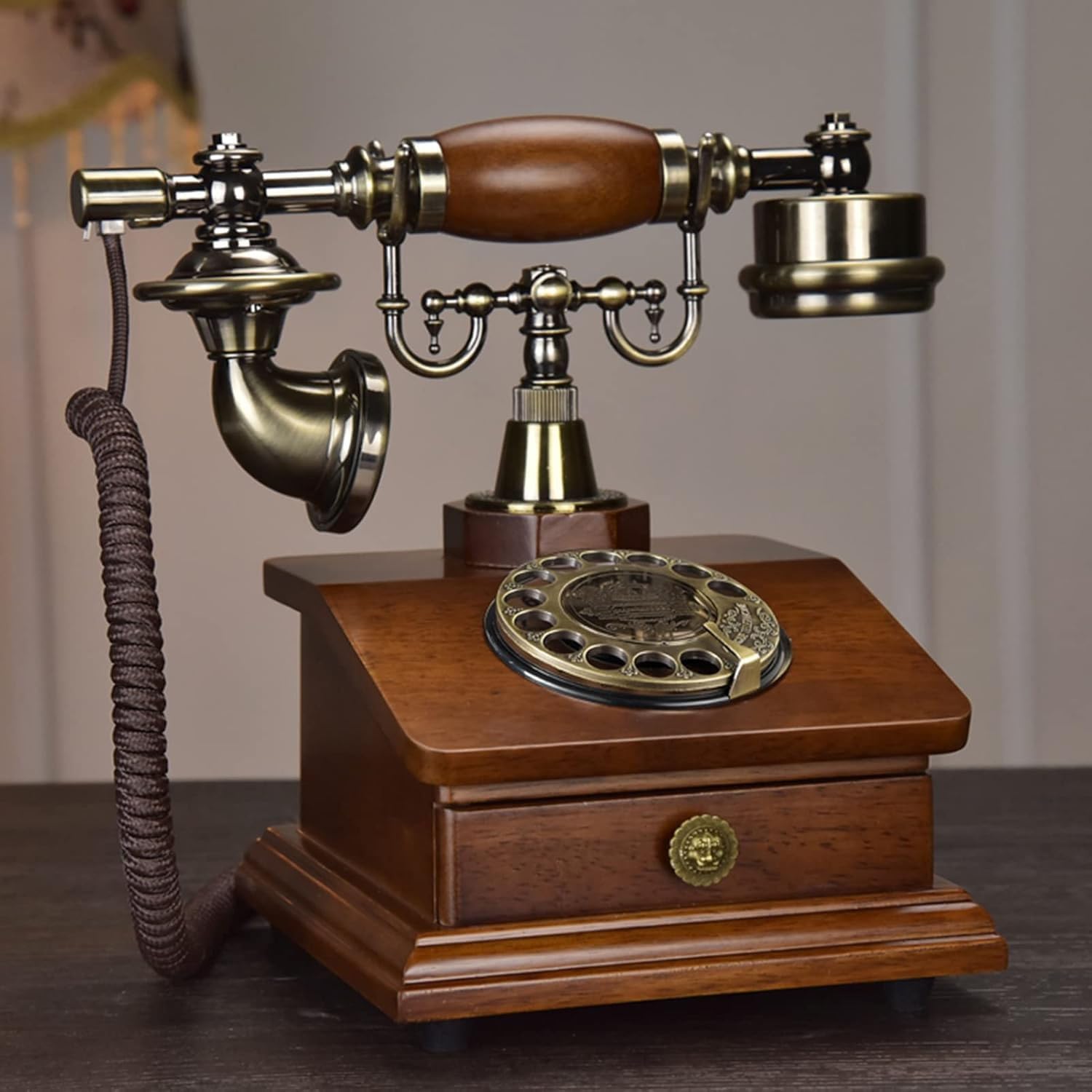Telefon stacjonarny w stylu vintage, retro telefon przewodowy z drewnianymi szufladami, ergonomiczne uchwyty, wytrzymały do biura, domu, hotelu, galerii