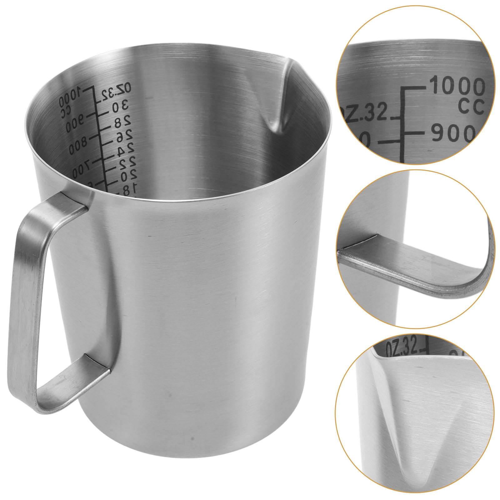 Taza Medidora de Acero Inoxidable Asa 1000 Ml Jarra Espumadora de Leche Escala Medidor para Café y Batidos Adecuado para Uso Doméstico y Cocina Profesional