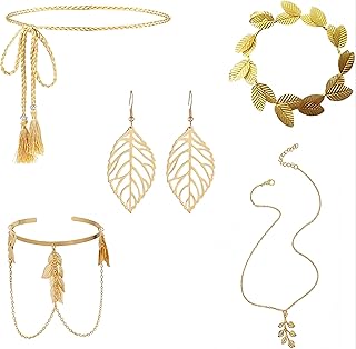 5 Pièces Ensemble d'Accessoires de Déguisement de Déesse Grecque – Couronne de Laurier Dorée, Chaîne de Taille à Franges, Boucles d'Oreilles, Collier et Bague de Bras