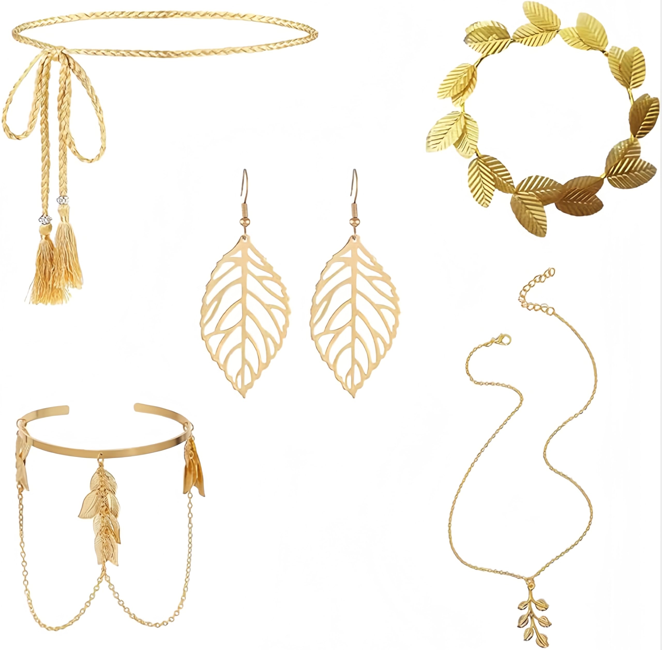 EYWILYWI Juego de 5 accesorios para disfraz de diosa griega, tocado de hoja de laurel dorado, cadena de cintura con borla, aretes, collar y anillo de brazo para mujer, vestido elegante, boda