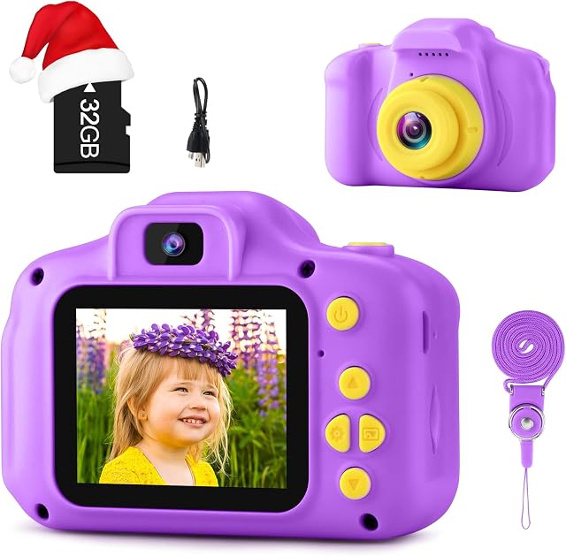 GKTZ Toys for Grils Age 3-10, Kids Camera Digital Video Toddler Camera Children Camcorder Birthday Gifts for 3 4 5 6 7 8 Year Old Girls with 32GB SD Card - Purple