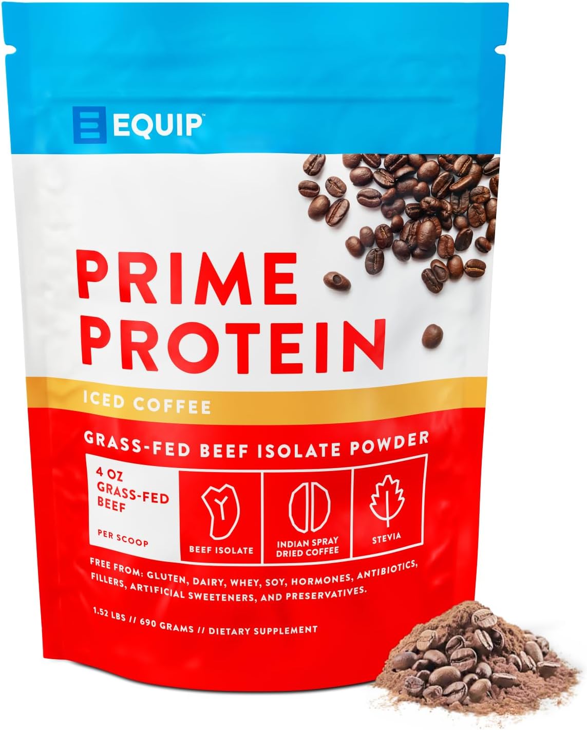 Equip Foods Prime Protein - Grass Fed Beef Protein Powder Isolate - Paleo and Keto Friendly, Gluten Free Carnivore Protein Powder - Iced Coffee, 1.52 Pounds - Helps Build and Repair Tissue