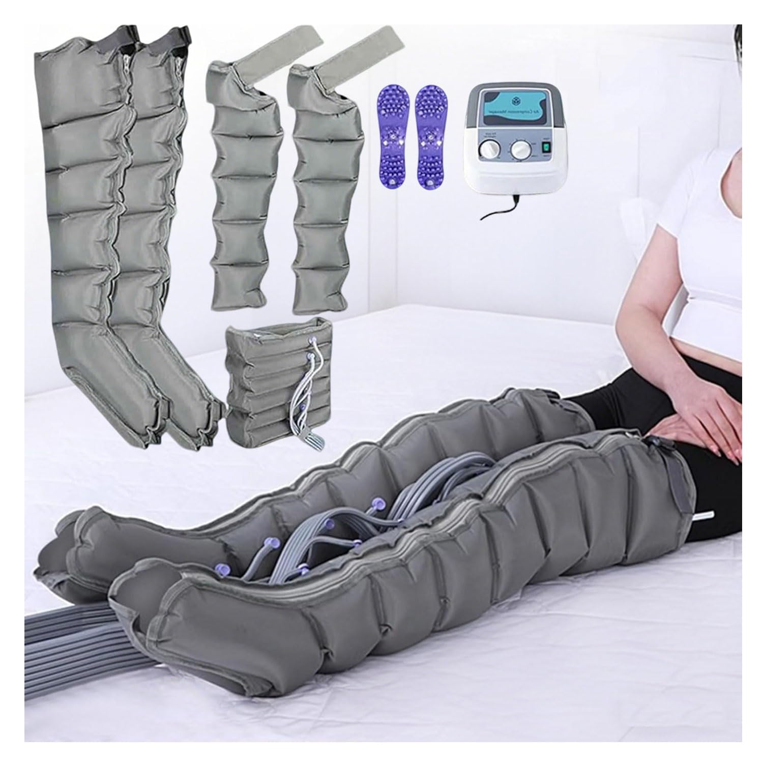 Presoterapia para Casa Piernas y Abdomen Brazos, Botas Presoterapia Drenaje Linfático, Compresión de Aire Masaje de Piernas Masajeador de Compresión 6 Cavidades para Pierna Hinchadas y Cansadas