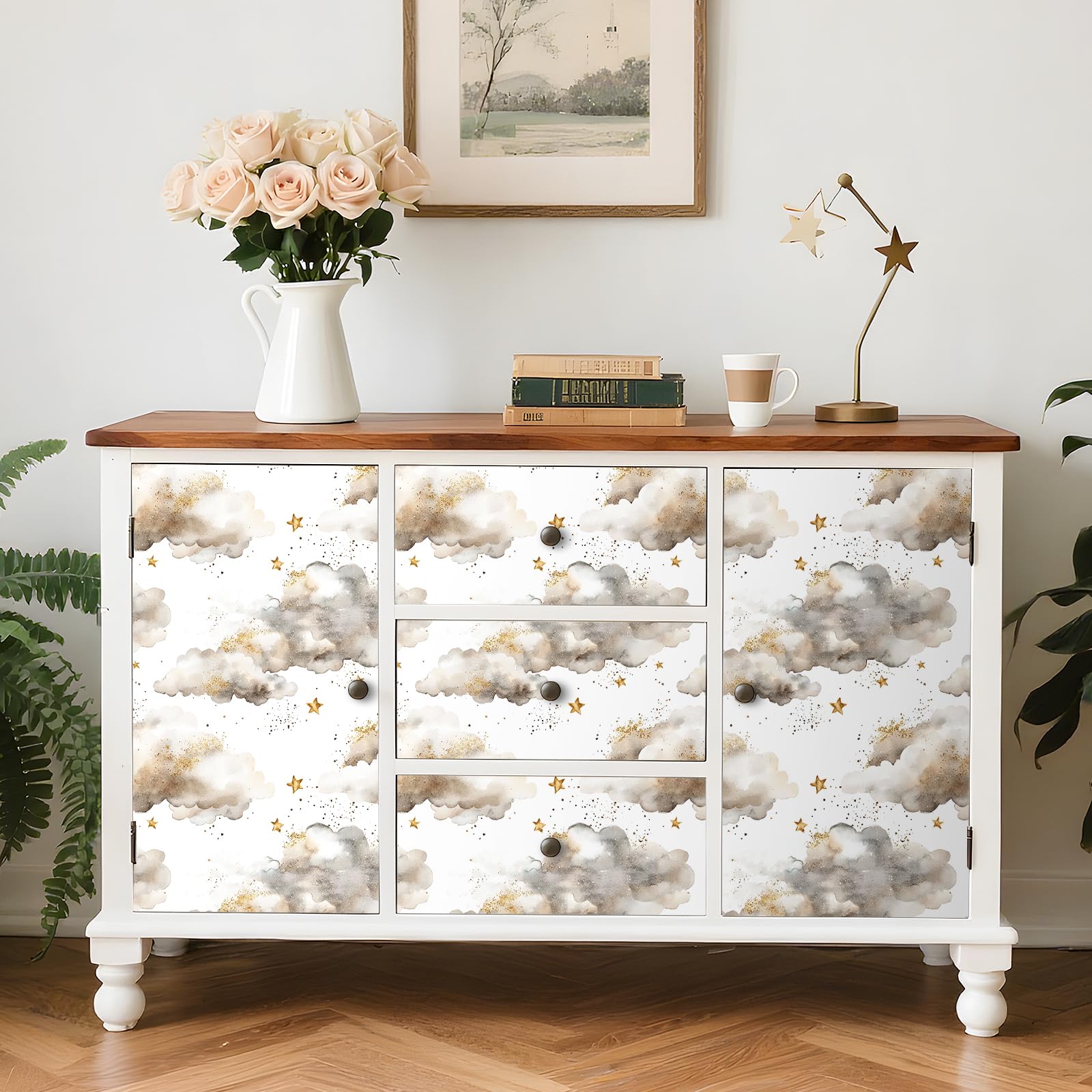 FunStick Peel and Stick Wallpaper Grey and White Kids Clouds Stars Fantasy White Vinyl Wrap for Kitchen Cupboards Watercolour Cloud and Star Wallpaper Bedroom Sticky Back Plastic Grey Clouds 44.5CM×3M - Image 2